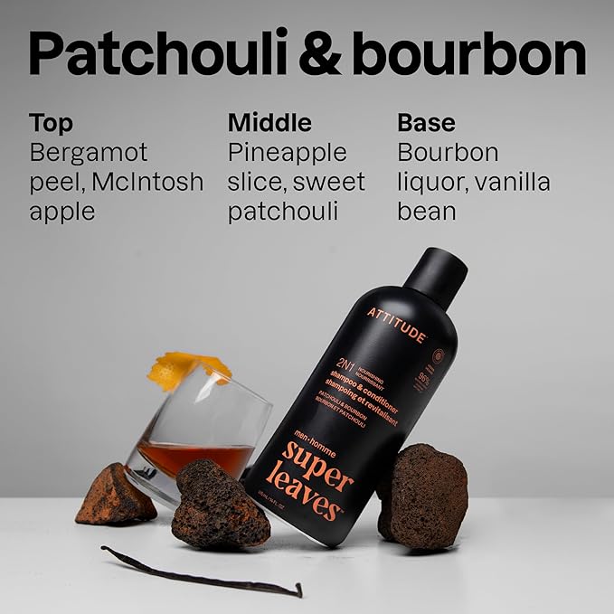 ATTITUDE Men's Shampoo and Conditioner 2-in-1, Nourishing For Dry Hair and Scalp, With Panthenol and Ginseng, 97% Natural Origin Ingredients, EWG Verified, Patchouli & Bourbon, 14 Fl Oz