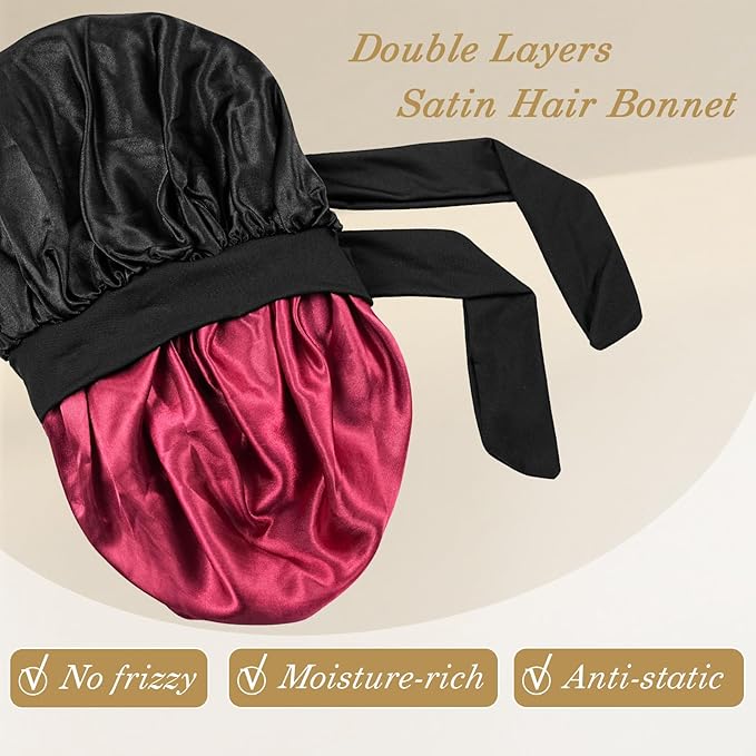 Satin Hair Bonnet for Sleeping Women, Double Layer Silk Bonnets for Women with Tie Band, for Braids Curly Long Hair