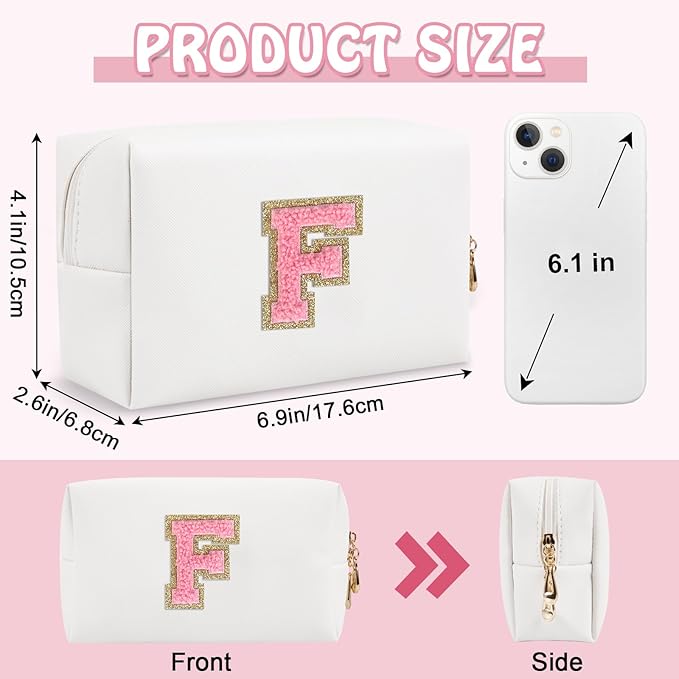 Small Initial Preppy Makeup Bag, Personalized Travel Cosmetic Organizer Chenille Letter White Toiletry Zipper Pouch, Portable Waterproof Makeup Case Gifts for Friends Female Friendship(Letter F)