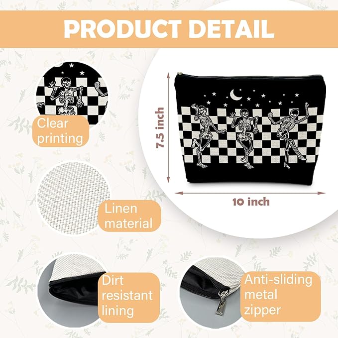 Goth Spooky Gifts for Women, Gothic Horror Skeleton Black Makeup Bag Cosmetic Pouch