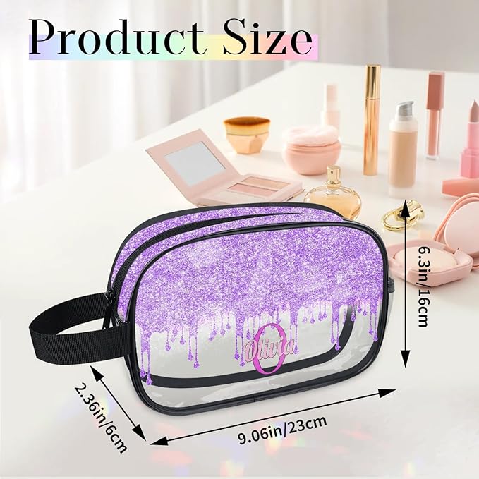 Personalized Travel Cosmetic Bag Waterproof Makeup Bags, Custom Name Clear PVC Organizer Case Toiletries Container Bag, Romantic Purple Curtain Glittering