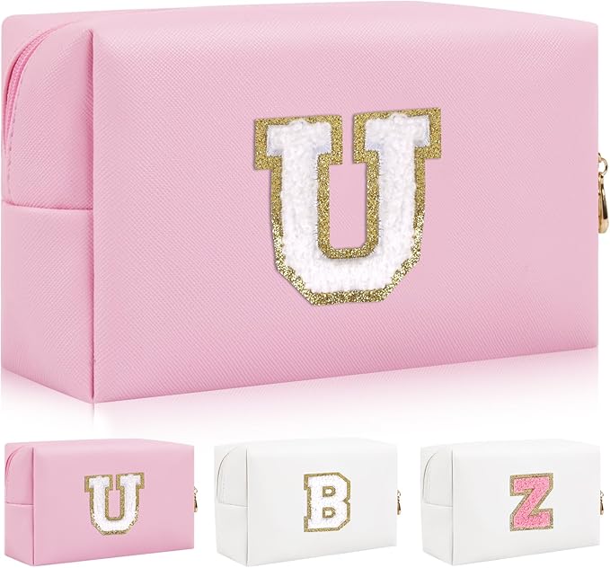 Personalized Initial Letter Patch Makeup Bag, Preppy Portable Chenille Letter Cosmetic Bag with Zipper, PU Leather Waterproof Travel Toiletry Bag Monogram Make Up Pouch for Women Girls