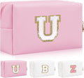 Personalized Initial Letter Patch Makeup Bag, Preppy Portable Chenille Letter Cosmetic Bag with Zipper, PU Leather Waterproof Travel Toiletry Bag Monogram Make Up Pouch for Women Girls