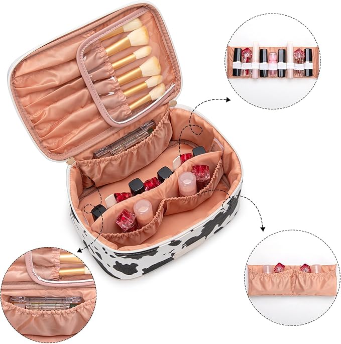 Montana West X Wrangler Travel Makeup Bag 2pcs Set Large Cosmetic Bag with Makeup Brush Holder Portable Make Up Organizer Cute Toiletry Bag with Divider and Handle for Women Cow Brown