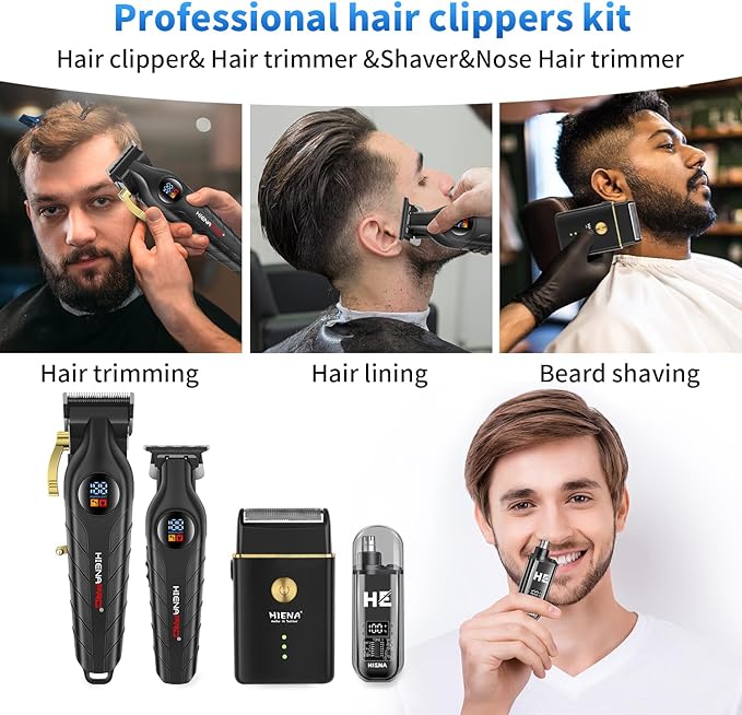 HIENA PRO Professional Cordless Hair Clipper for Men, Beard Trimmers, Electric Foil Shavers and Nose Hair Trimmer Set, Rechargeable Barber Clipper and Hair Cutting Grooming Kit
