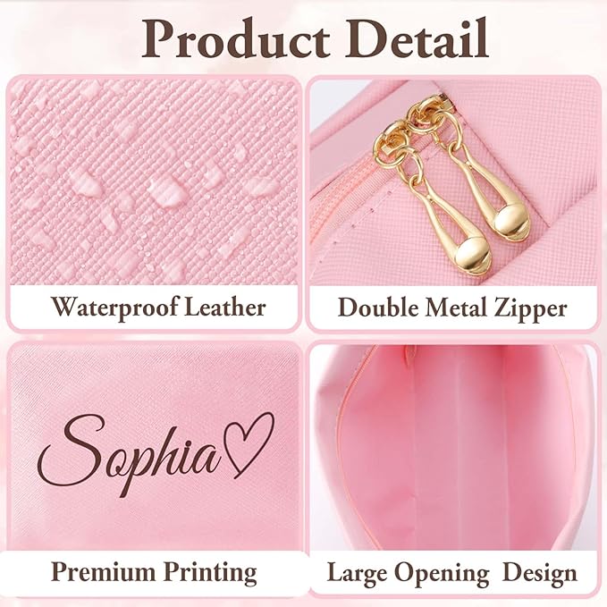 Personalized Makeup Bag with Name & Birth Flower, Custom Leather Cosmetic Bags for Women, Customized Travel Toiletry Bag Gifts for Bridesmaid Wedding