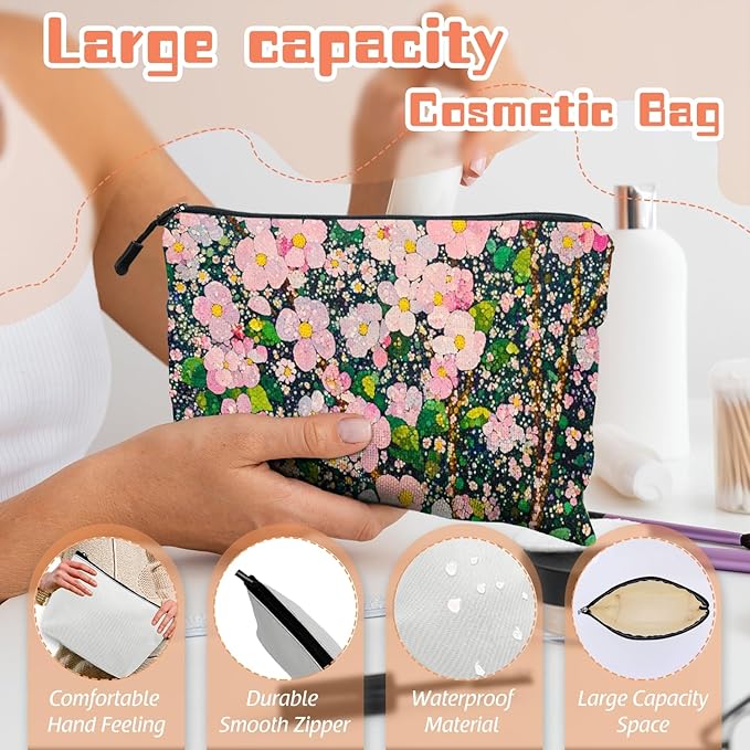 Cosmetic Bags Travel Makeup Toilet Case Waterproof Pouch for Women Girls 6.7X9.45inches - Lovely Pink - Bloom Tapestry