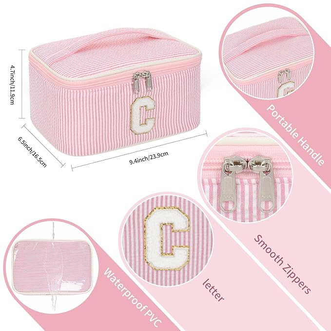 OCHEAL Makeup Bag for Women, Monogram Cosmetic Bag with Brush Holder, Pink Travel Makeup Case Beauty Toiletry Bag Organizer Personalized Gifts for Girls Bridesmaid, Sister, Wife, Friends Initial C