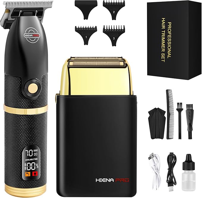HIENA PRO Hair Trimmers and Foil Shaver for Men Kit,Men Professional Cordless Barbers Hair Clippers with LCD Display,Black Gold Zero Gapped Hair Trimmer, Double Foil Shaver