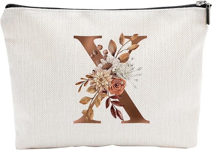 A-Z Boho Personalized Cosmetic Bag-Floral Cotton Letter Makeup Bag With Zipper-Artistic Cosmetic Bag For Travel-Bride,Birthday Gift For Women Daughter Friends-Women Makeup Organizer-A24