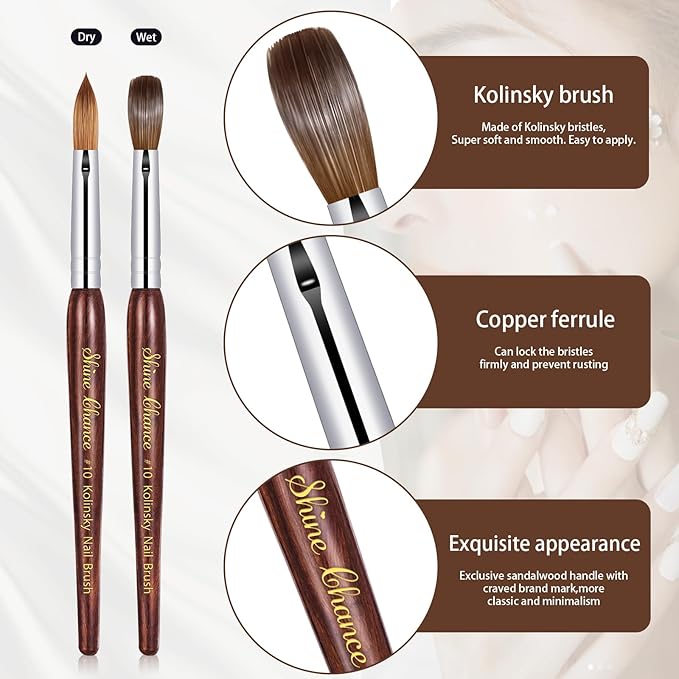 Acrylic Nail Art Brush - Size 10, Pure Kolinsky Hair Oval Nail Brush for Acrylic Application, Professional Nail Extension Manicure Tool Striping Pen for DIY Salon
