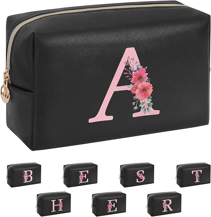 Personalized Initial Makeup Bag, Birthday Gifts for Women and Girls, Small Makeup Pouch Travel Toiletry Bag, Make Up Organizer Bag Gift Trendy Stuff for Friend Mom Teacher, Black