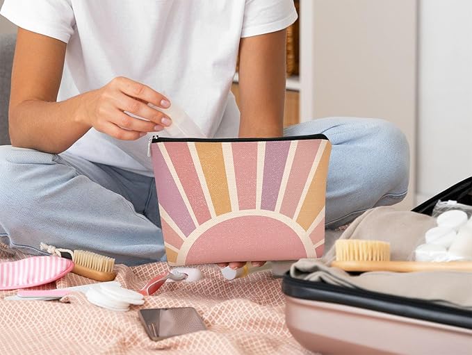 Boho Gifts Small Pink Makeup Bag Gifts for Women,Sunshine Boho Cosmetic Bag, Bohemian Makeup Bag Organizer,Christmas Birthday Gifts for Mom Friend Sister Wife Teacher