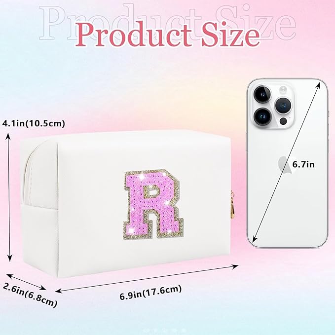 Glitter Initial Letter Makeup Bag, Small Personalized Sequins Letters PU Leather Cosmetic Bag Portable Waterproof Makeup Zipper Pouch, Shine Handbag Organizer Travel Bag Gifts for Women&Girls(White-R)