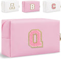 Small Personalized Glitter Initial Letter Makeup Bag, Cute PU Leather Chenille Letters Cosmetic Bag Travel Makeup Pouch, Preppy Travel Organizer Zipper Pouch for Women&Girls（PinkPink-Q）