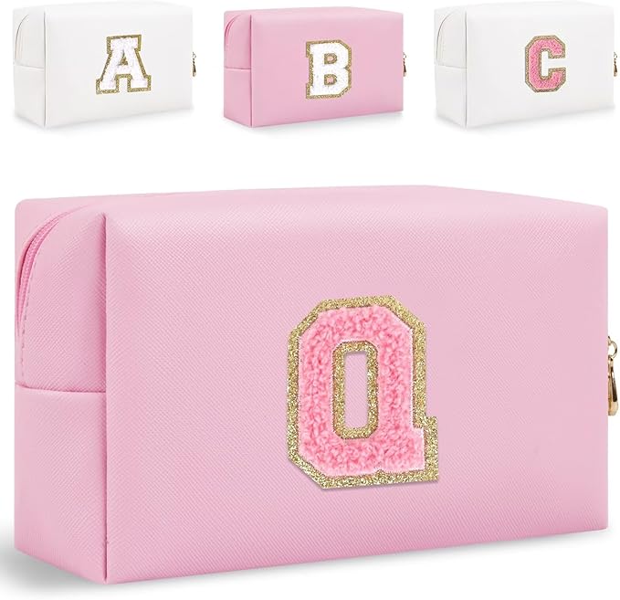 Small Personalized Glitter Initial Letter Makeup Bag, Cute PU Leather Chenille Letters Cosmetic Bag Travel Makeup Pouch, Preppy Travel Organizer Zipper Pouch for Women&Girls（PinkPink-Q）