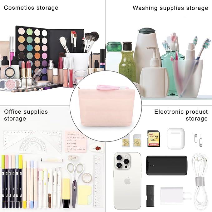DOB SECHS Quilted Makeup Bag with Handle Detachable Cute Puffy Cotton Cosmetic Bags for Women, Small Puffer Toiletry Zipper Make Up Pouch, Quilt Clutch Bag Travel Organizer Storage Pouches Case, Pink
