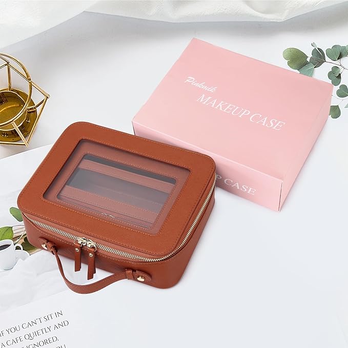 Pinkmik Clear Makeup Bag with Brush Bag 3pcs Waterproof Travel Case for Cosmetics and Toiletries Women's Makeup Organizer with Zipper (X/Brown, L+M+SLIM)