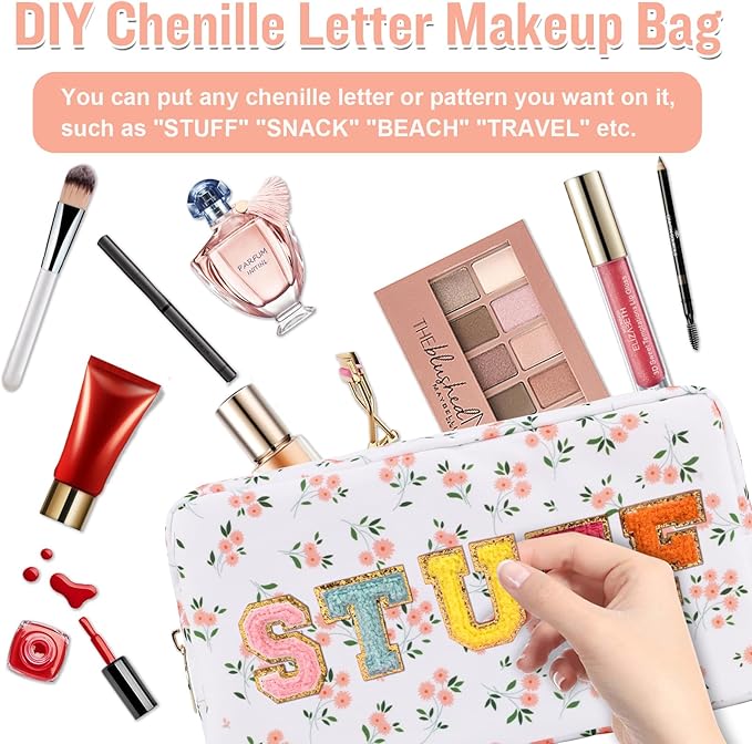 Nylon Small Floral Makeup Bag for Purse, Cute Preppy Travel Makeup Bag Flower Cosmetic Zipper Pouch Purse, Waterproof Toiletry Bag Make Up Organizer Storage Travel Essentials for Women(White-Floral)
