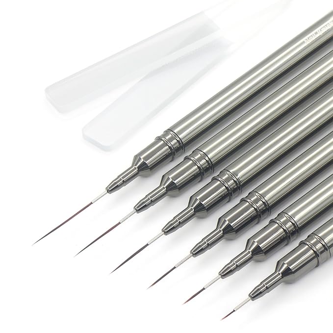 MYR 6Pcs Nail Art Liner Brushes and 2Pcs Nano Nail Files, Metal Nail Art Brushes, Nail Art Pens, Nail Art Tools, suitable for Long Lines, Thin Details, Fine Drawing Sizes 6/9/12/15/18/25mm