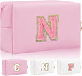 Personalized Initial Letter Patch Makeup Bag, Preppy Small Chenille Cosmetic Bag with Zipper, PU Leather Waterproof Travel Toiletry Bag Monogram Make Up Pouch for Women Girls