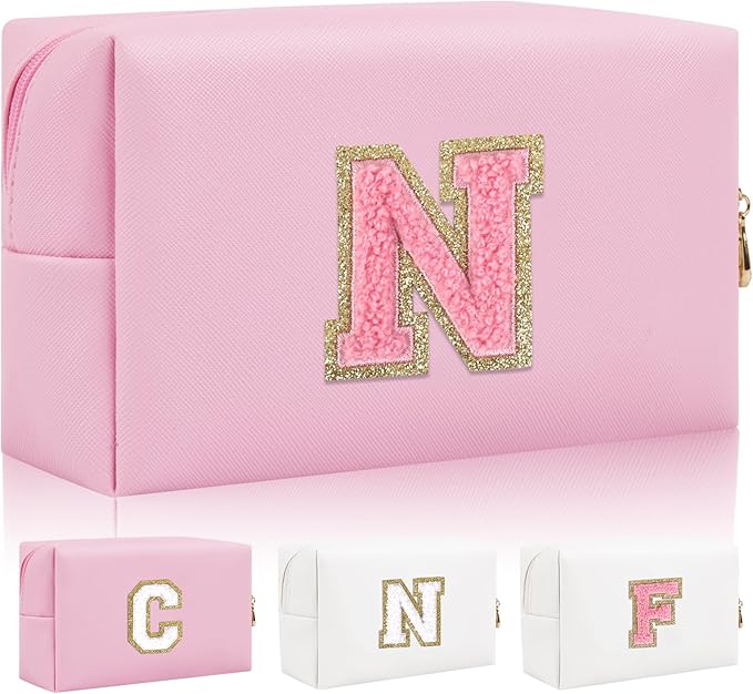Personalized Initial Letter Patch Makeup Bag, Preppy Small Chenille Cosmetic Bag with Zipper, PU Leather Waterproof Travel Toiletry Bag Monogram Make Up Pouch for Women Girls