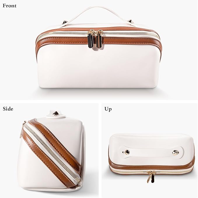 Abiudeng Travel Makeup Bag Large Capacity Toiletry Bag for Travel Essentials Open Flat Makeup bag Organizer with Divider and Handle-White