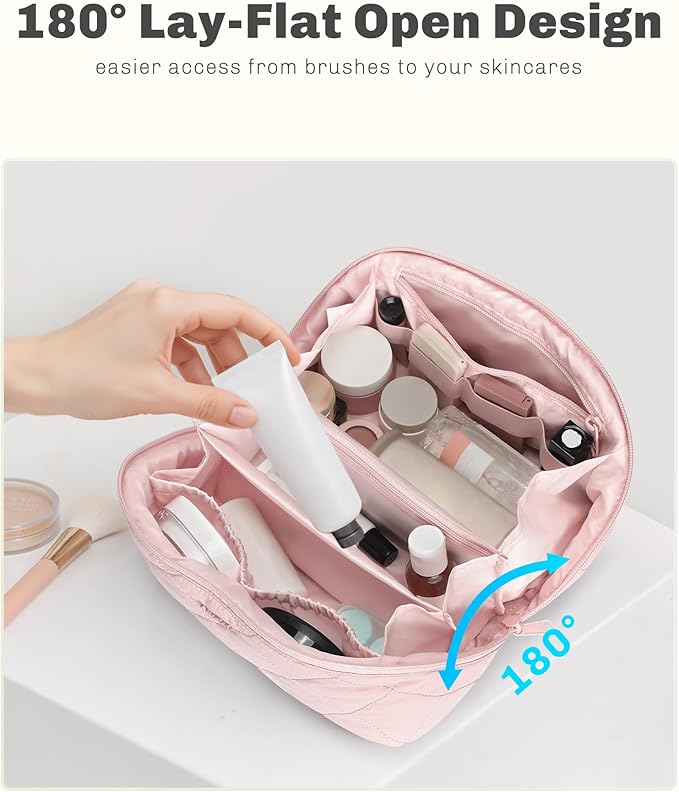 Hynes Eagle Travel Makeup Bag for Women Puffy Cosmetic Organizer Pouch Open Flat Toiletry Bag for Toiletries, Brushes Pink