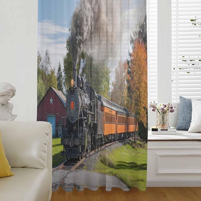 Steam Train Sheer Curtains 72 Inch Length Railroad Country Barn Rustic Trees by Unknown