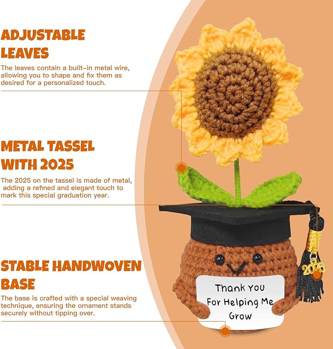 Teacher Appreciation Gifts, Handmade Crochet Sunflower Teacher Gifts, Thank You for Helping Me Grow, Daycare Teacher Appreciation Gifts for Women Men, End of Year Graduation Teacher Gifts (6)