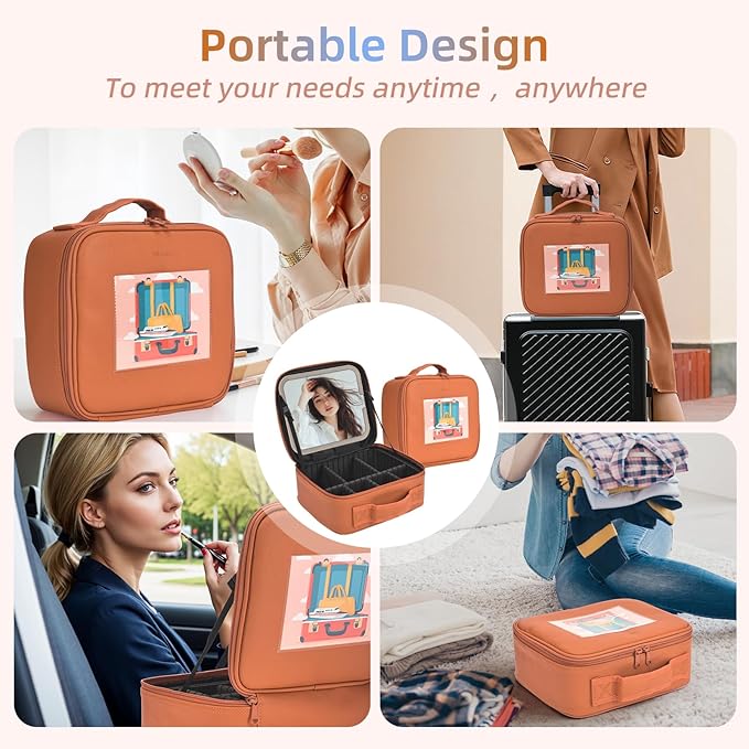 Travel Makeup Bag with LED Mirror,Removable Mirror with 3 Color Modes,Portable makeup travel organizer for Women,Makeup Case with 8 Adjustable EVA Dividers,Cosmetic Train Case with Lighted Mirror
