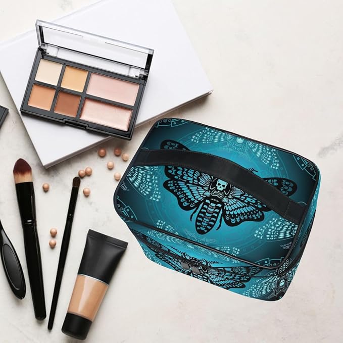Makeup Bags, Gothic Blue Skull Moth Butterfly Makeup Organizer Bags Toiletry Bag Box Travel Cosmetic Bag Make Up Train Case for Women Teen Girl Ladies