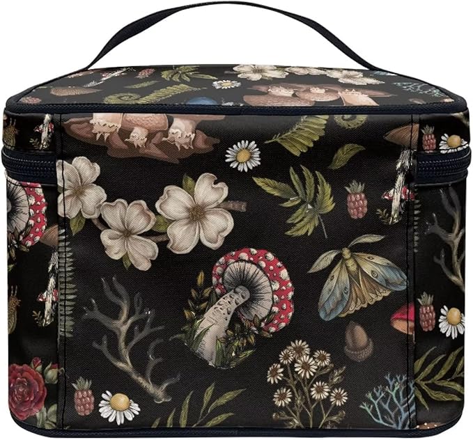 Dark Cottagecore Forest Mystical Moss Mushroom Print Makeup Travel Bag Portable Cosmetic Bags with Handle Travel Accessories Large Toiletry Bags for Traveling Women Organizer and Storage