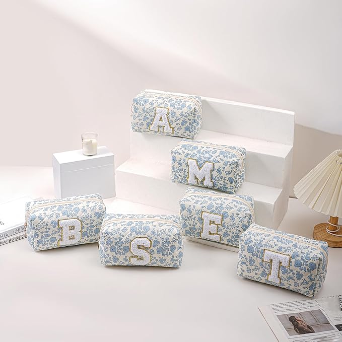 JOVAKIT Alphabet Makeup Bag Cosmetic Bag for Women, Christmas Gifts for Girls Age 6-18, Floral Flowers Coquette Travel Toiletry Zipper Make Up Pouch Organizer Trendy Stuff (Blue Floral N)