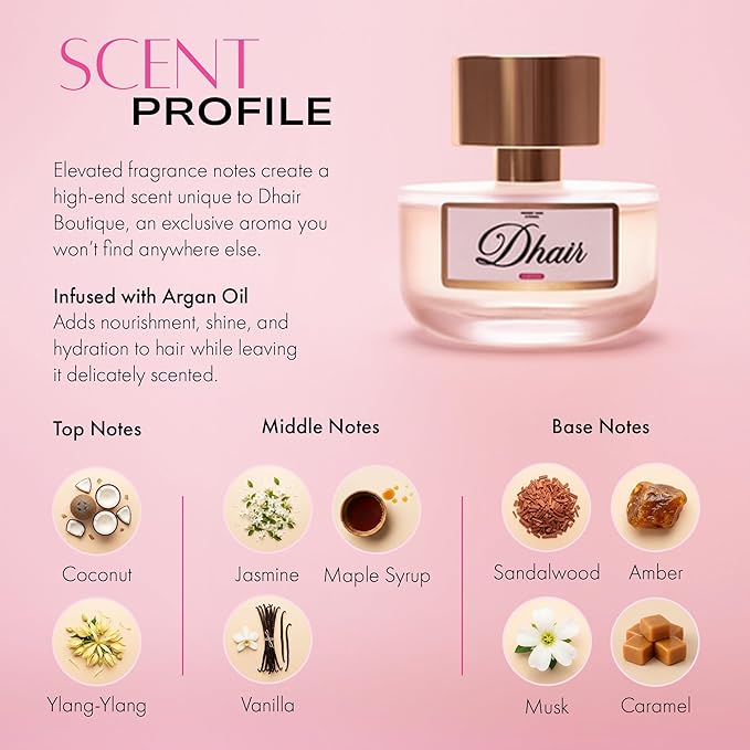 D'Cheveux Hair Perfume Mist for all hair types. Long- lasting fragrance with Jasmine, vanilla, coconut & caramel scent. Infused with Argan Oil for hydration, nourishment & shine Luxury perfume, 50ml