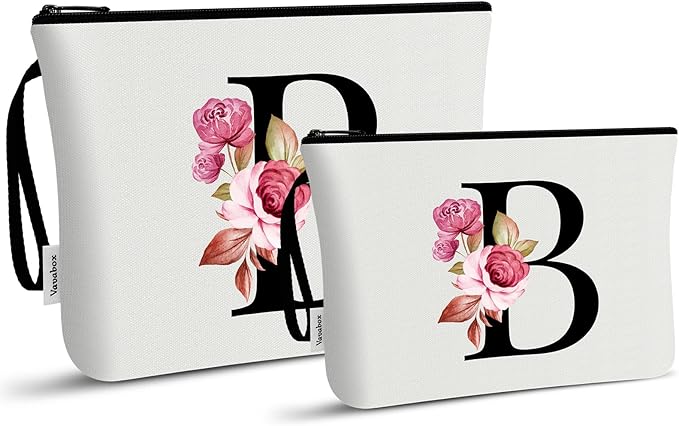 Vavabox A-Z Personalized Makeup Bag, Birthday Gifts for Women Mom, Gifts for Best Friend, Bride Bridesmaid Cosmetic bag (B, 03-White Set)