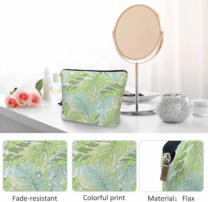 Palm Leaves Makeup Organizer Bag Cosmetic Bag For Men Women, Tropical Beach Palm Leaf Floral Travel Toiletry Bag Flax Makeup Bags Purse Business Makeup Pouch For Toiletries Cosmetics Green