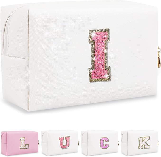 Initial Letter Patch Makeup Bag, Small Preppy A-Z Glitter Letter Cosmetic Bag, PU Leather Waterproof Travel Toiletry Bag, Cute Make Up Pouch Personalized Monogrammed Gift for Women Teen Girls