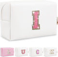 Initial Letter Patch Makeup Bag, Small Preppy A-Z Glitter Letter Cosmetic Bag, PU Leather Waterproof Travel Toiletry Bag, Cute Make Up Pouch Personalized Monogrammed Gift for Women Teen Girls