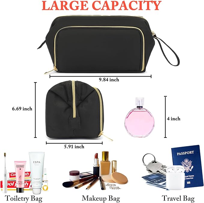 Travel Makeup Bag, Wide-open Cosmetic Bag Make Up Organizer Case with Brushes Pocket for Women, Large Family Toiletry Bag Skincare Pouch for Toiletries Accessories