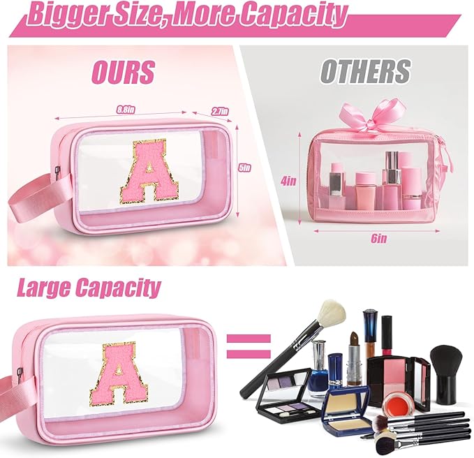Initial Makeup Bag,Letter A Cute Clear Monogrammed Cosmetic Travel Bag for Womens Girls,Personalized Pink Aesthetic Traveling Make Up Organizer Bag for Beach,Waterproof Toiletry Bag