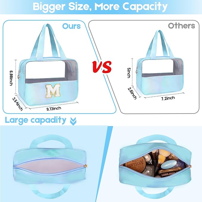 Personalized Initial Clear Makeup Bag Blue Cosmetic Bag Set Large Travel Toiletry Bag, Cute Clear Make Up Bags Organizer Bag for Girlfriend Teacher Gifts Teen Girl Gifts Trendy Stuff M (Blue)