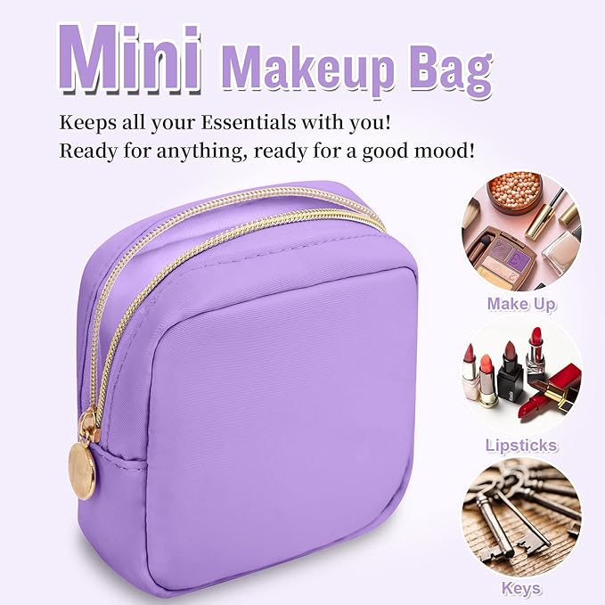Nylon Mini Makeup Bag for Purse, Preppy Small Cute Makeup Bag Cosmetic Zipper Pouch Purse, Waterproof Travel Coin Pouch Sanitary Napkin Storage Bag Clutch Makeup Organizer for Women Men Girls(Purple)