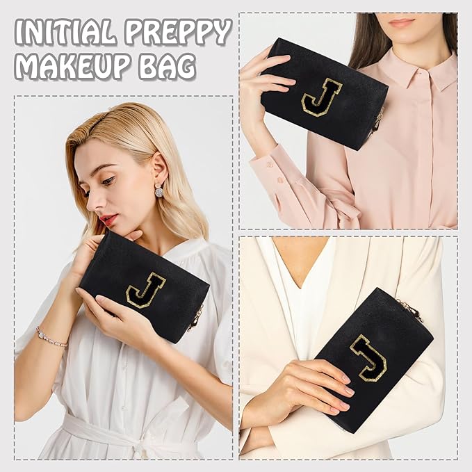 Personalized Preppy Small Travel Makeup Bag, Initial Cute Chenille Letter Black Makeup Case Cosmetic Pouch Toiletry Organizer, PU Leather Waterproof Make Up Storage Preppy Stuff for Women(Letter J)