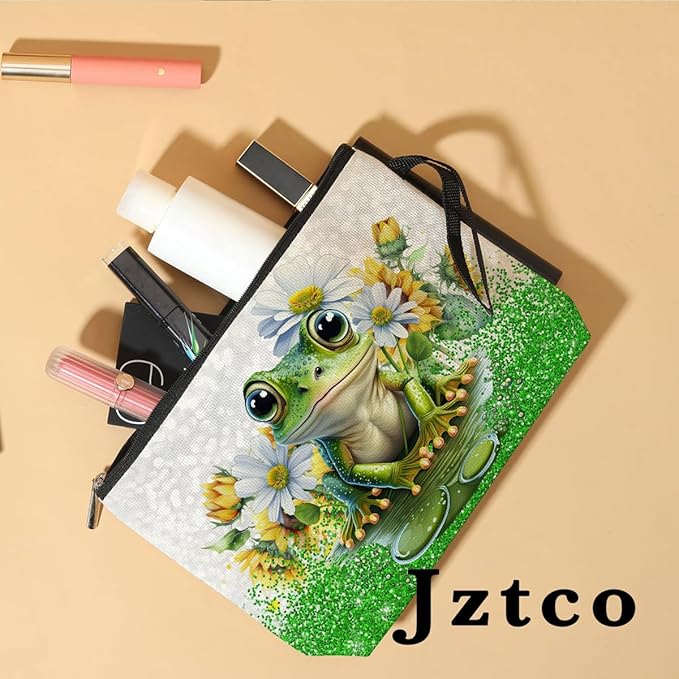 Jztco Cute Frog Makeup Bag Frog Gifts Frog Themed Gifts for Women Animal Lover Her Mom Wife Best Friend Aunt Niece BFF Toiletry Bag Mothers Day Graduation Birthday Gifts Daisy Flower Cosmetic Bag
