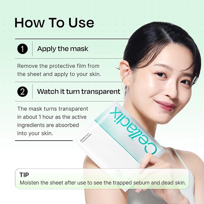 Celladix Bio Pore Care Cellulose Mask – Pore Minimizing & Sebum Control Sheet Mask – Removes Blackheads, Dead Skin Cells & Impurities – Hydrating & Radiance Boost Korean Face Mask, 5 Sheets