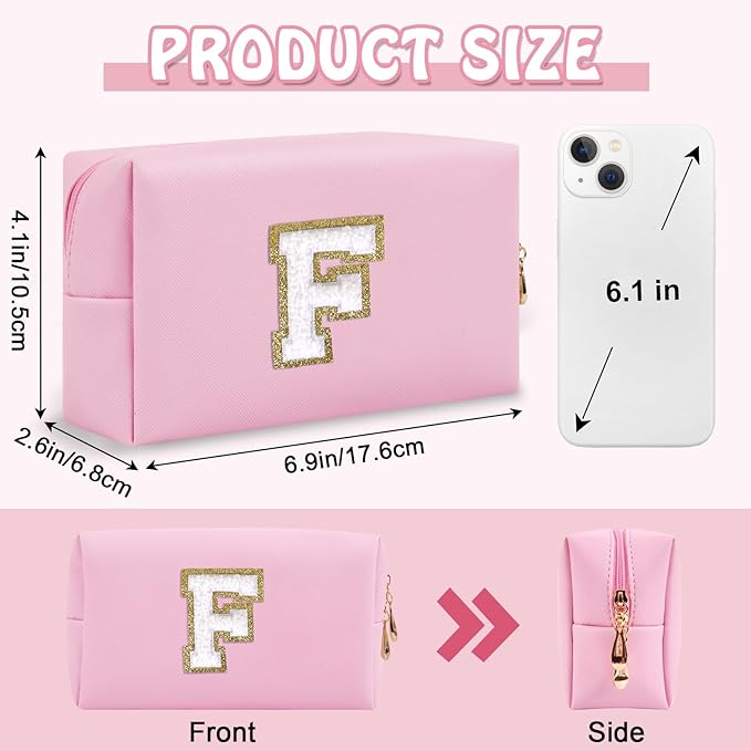 Small Initial Preppy Makeup Bag, Personalized Travel Cosmetic Organizer Chenille Letter Pink Toiletry Zipper Pouch, Portable Waterproof Make Up Case Friendship Gifts for Families Friends(Letter F)