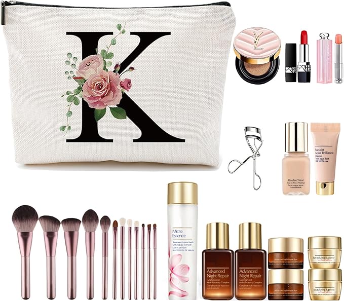 Initial A-Z Personalized Letter Makeup Bag, Monogrammed Bridesmaid Gifts/Presents Cosmetic Bag, Portable Stationery Storage Organizer Pouch, Friendship Love Travel Makeup Bags