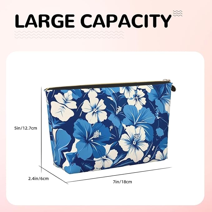 Womens Leather Makeup Bag Cosmetic Bag Travel Toiletry Bags Make Up Bags for Women Adult (Blue Hibiscus 3)