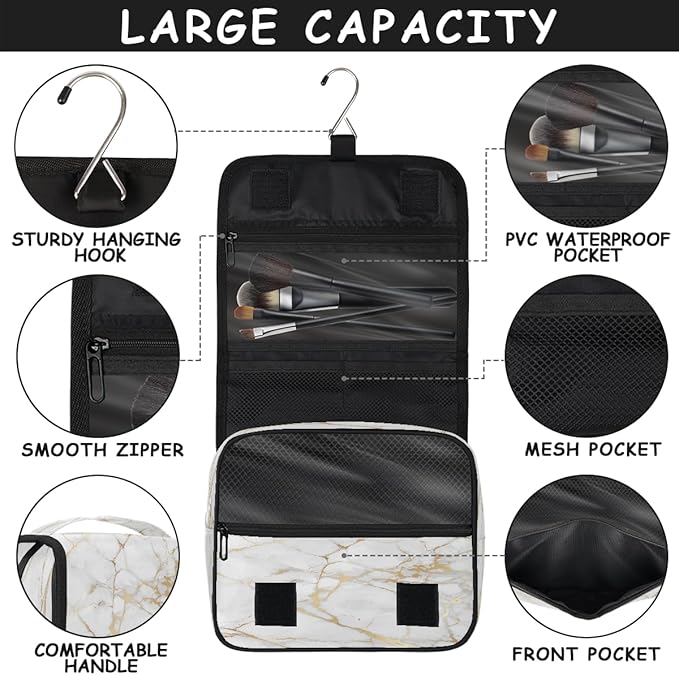 Travel Toiletry Bag for Women & Men Abstract Rose Gold Marble Hanging Cosmetic Organizer Portable Waterproof Makeup Case Make Up Bag with Compartments Travel Essentials for Bathroom Shower